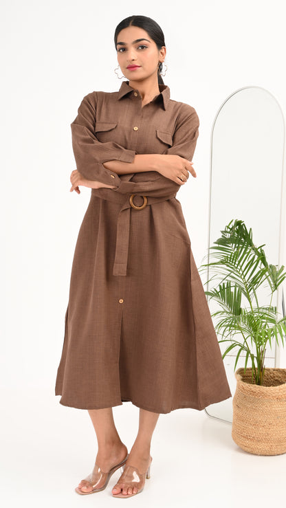 Cocoa Ridge Belted Shirt Midi Dress