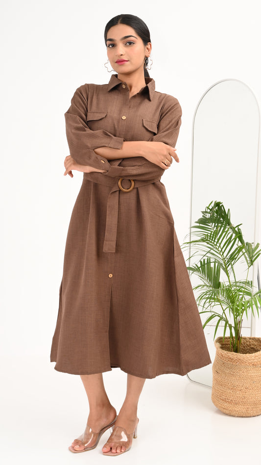 Cocoa Ridge Belted Shirt Midi Dress