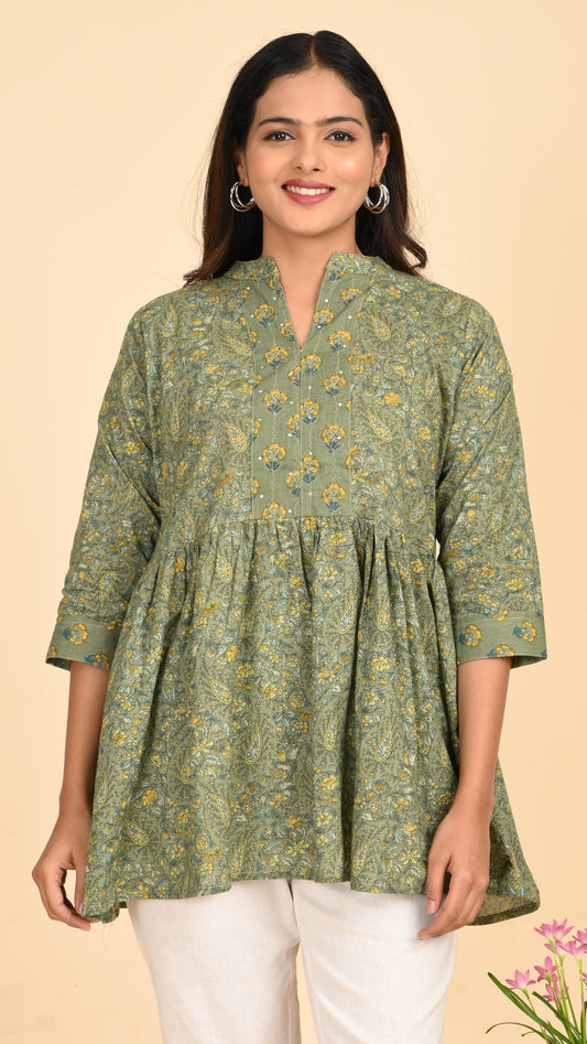 Gulbahar Olive Short Kurti Top
