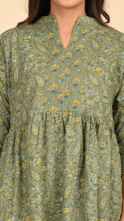 Gulbahar Olive Short Kurti Top