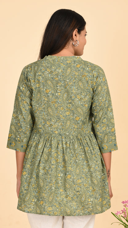 Gulbahar Olive Short Kurti Top