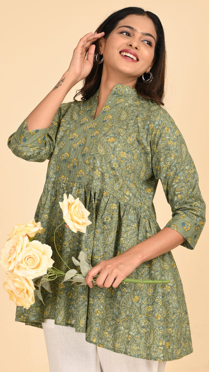 Gulbahar Olive Short Kurti Top