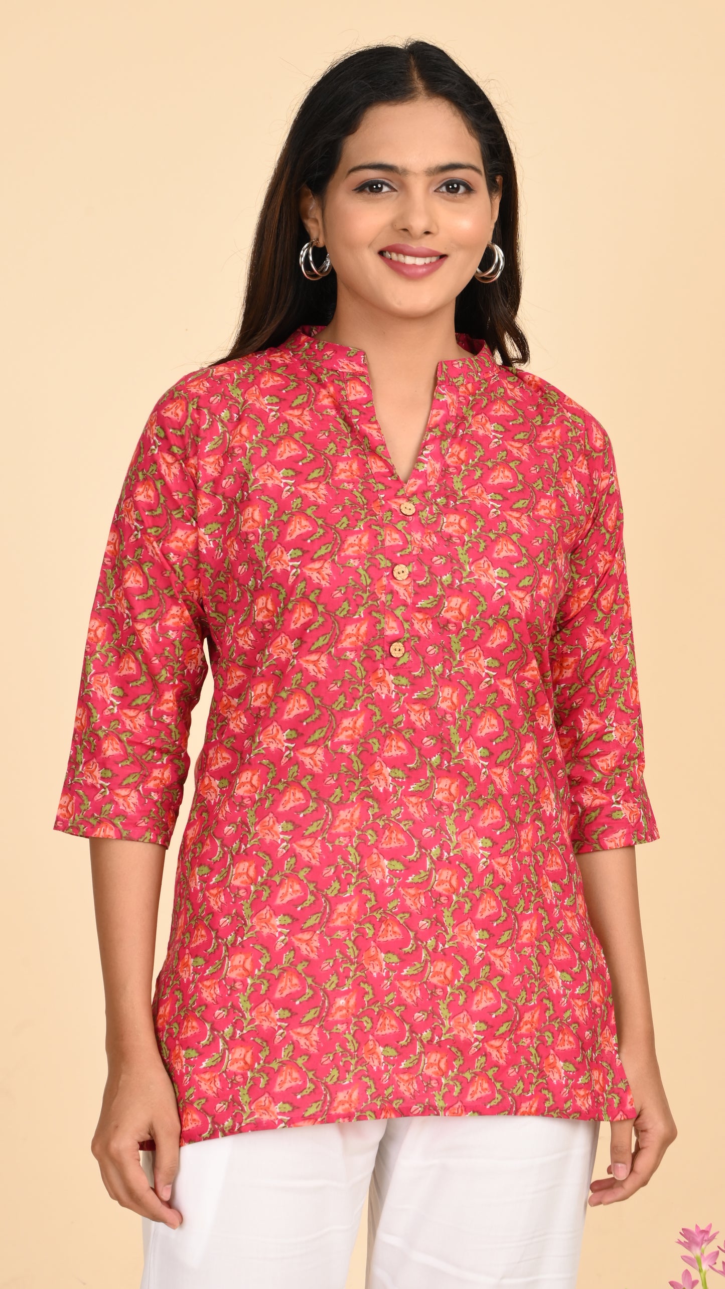 Gulzaar Pink Floral Short Kurti Top