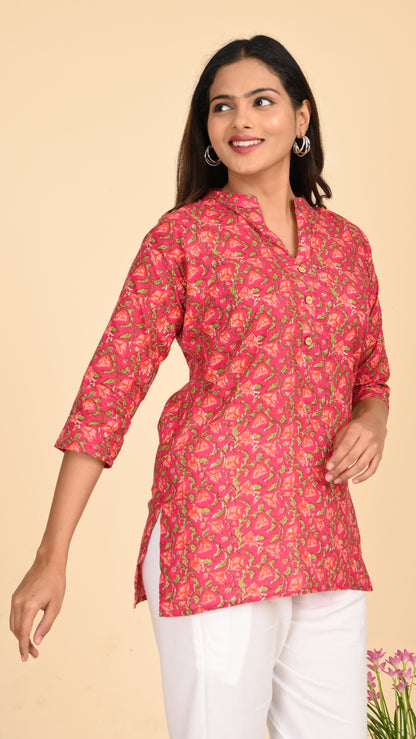 Gulzaar Pink Floral Short Kurti Top
