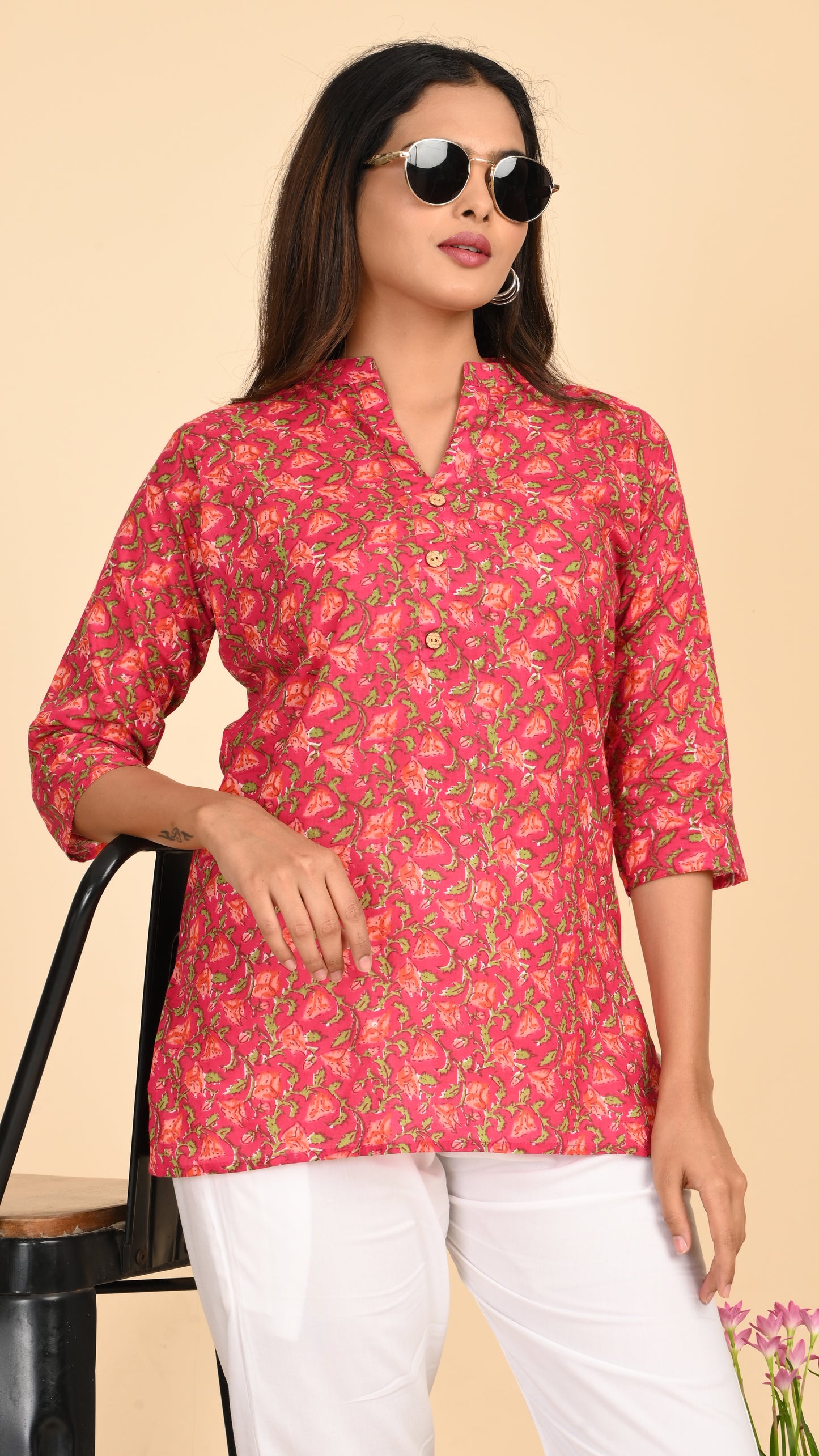 Gulzaar Pink Floral Short Kurti Top