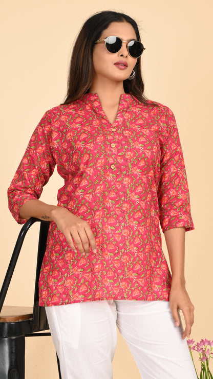 Gulzaar Pink Floral Short Kurti Top