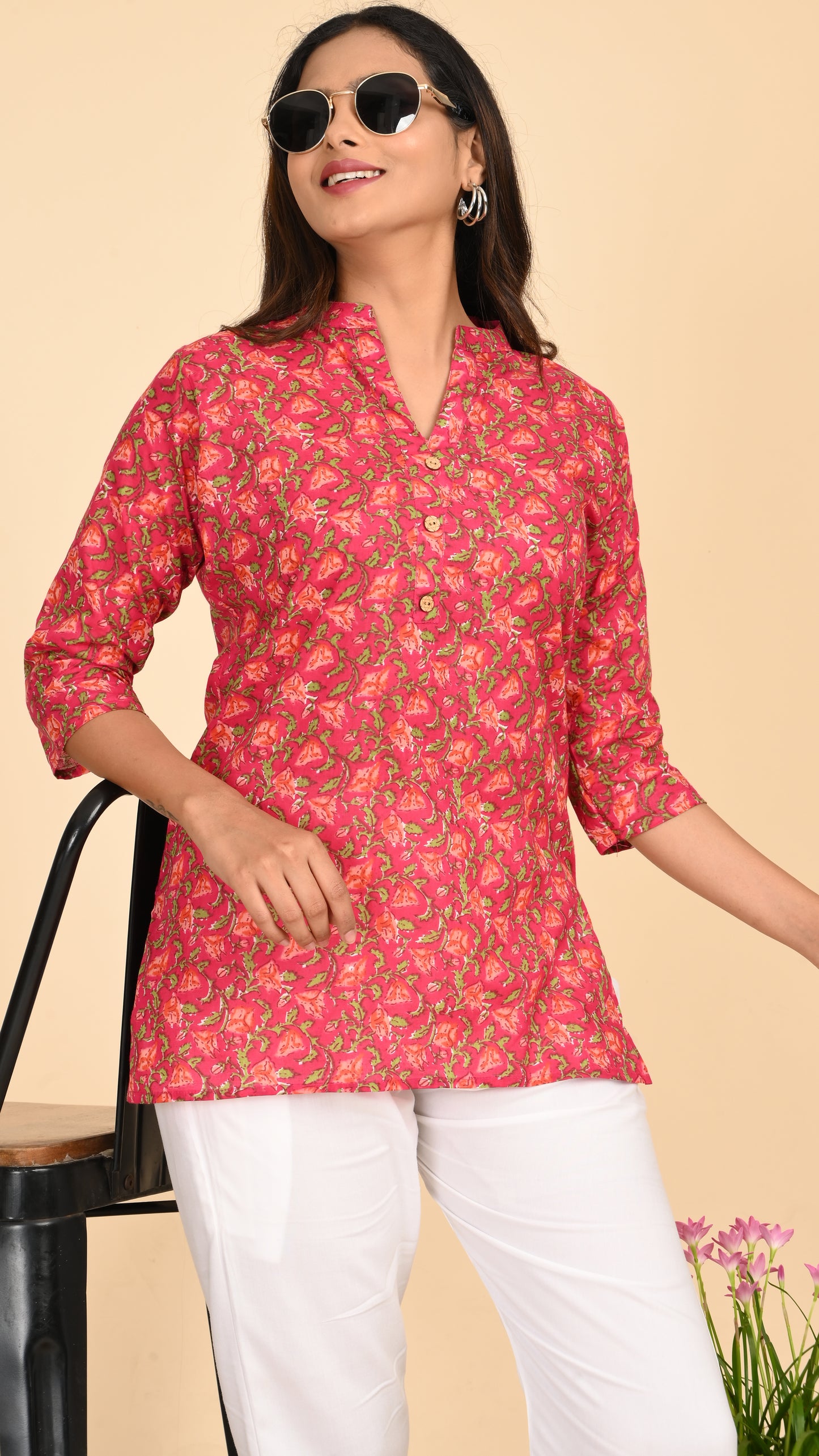 Gulzaar Pink Floral Short Kurti Top