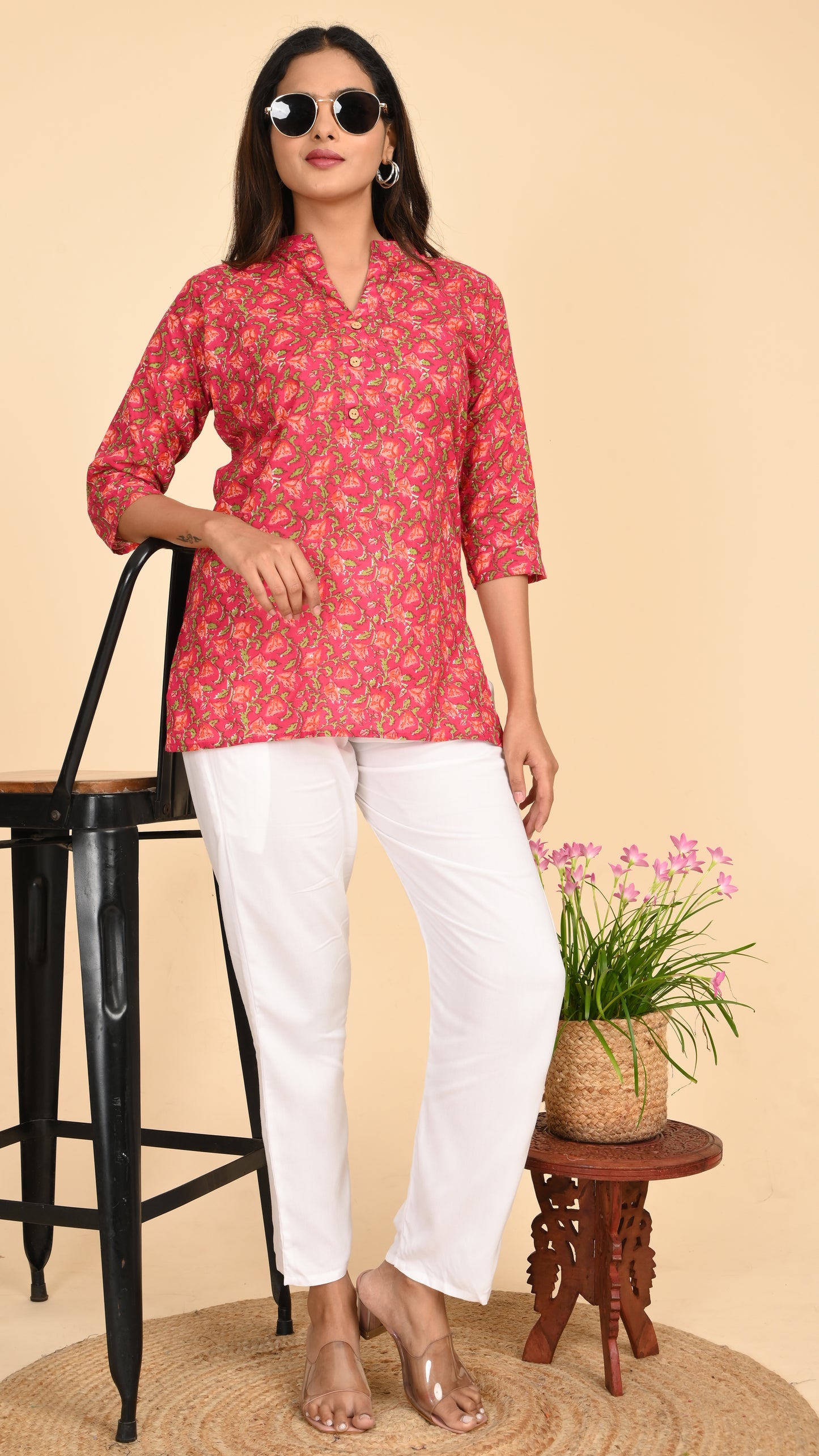 Gulzaar Pink Floral Short Kurti Top