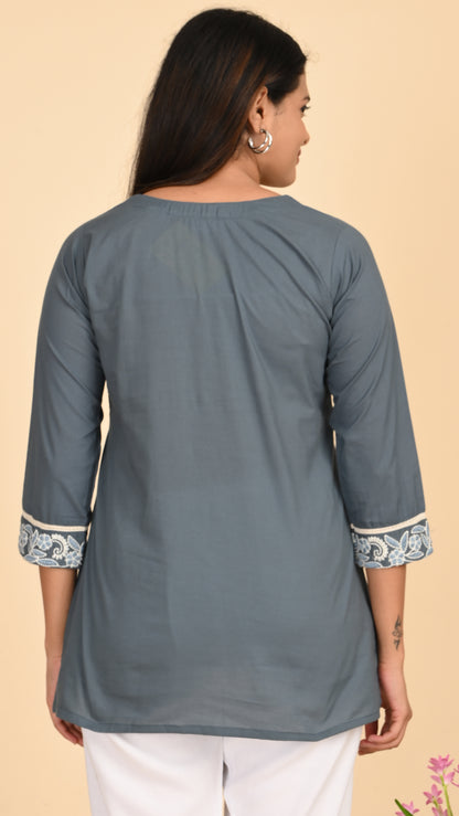 Nargis Slate Embroidered Short Kurti Top