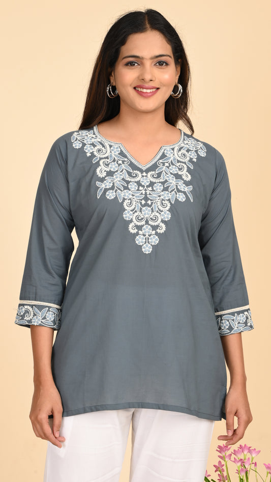 Nargis Slate Embroidered Short Kurti Top