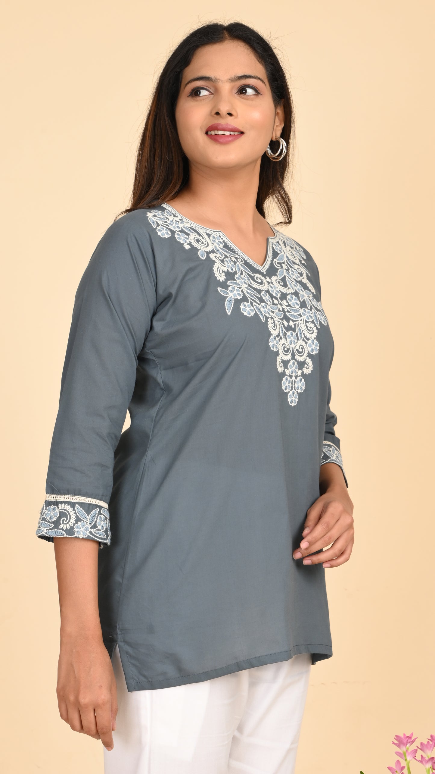 Nargis Slate Embroidered Short Kurti Top
