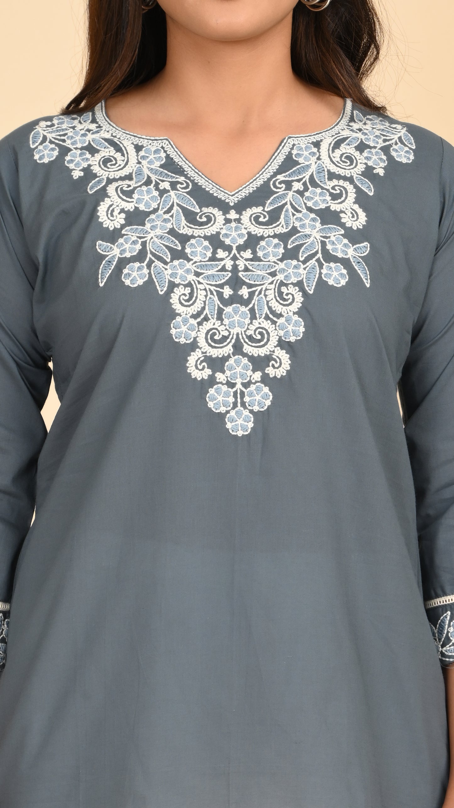 Nargis Slate Embroidered Short Kurti Top