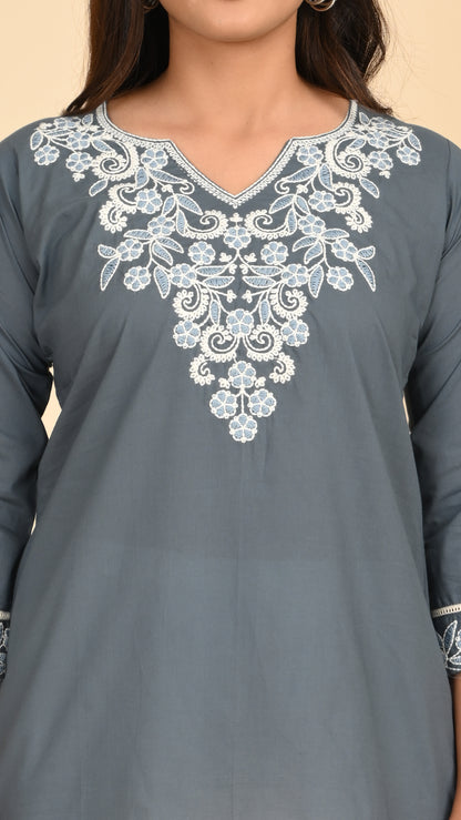 Nargis Slate Embroidered Short Kurti Top
