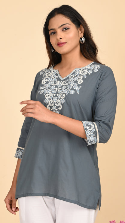 Nargis Slate Embroidered Short Kurti Top