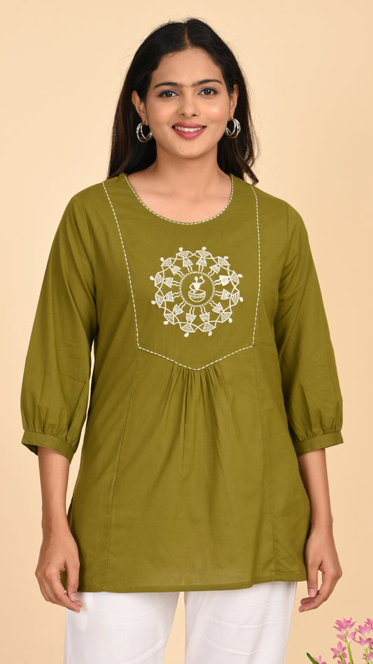 Veda Olive Warli Embroidered Short Kurti Top