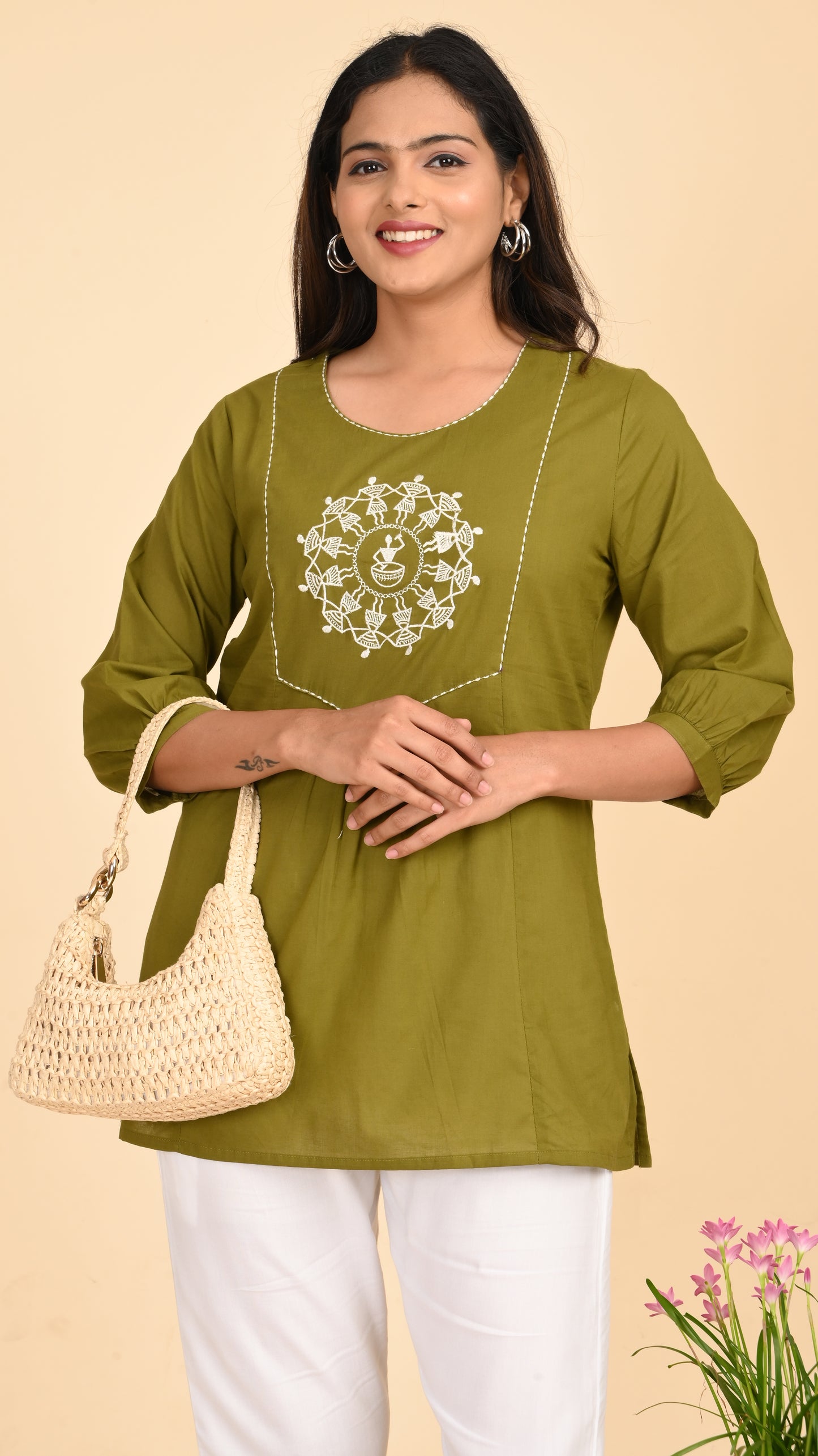 Veda Olive Warli Embroidered Short Kurti Top