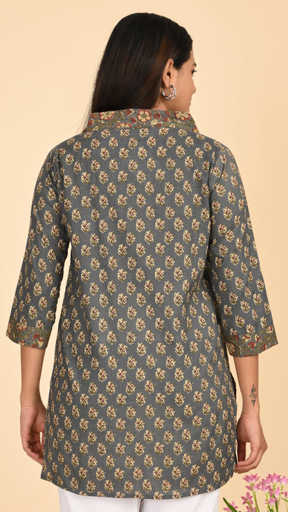 Afsana Grey Mughal Print Short Kurti Top