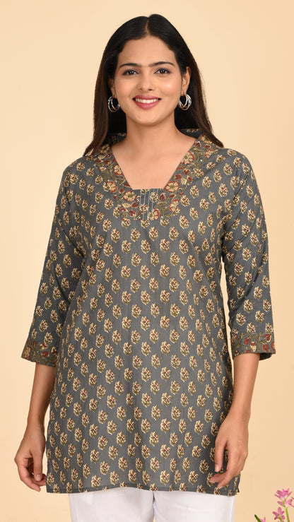 Afsana Grey Mughal Print Short Kurti Top