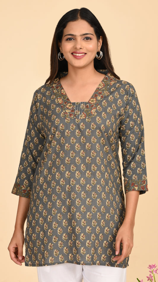 Afsana Grey Mughal Print Short Kurti Top