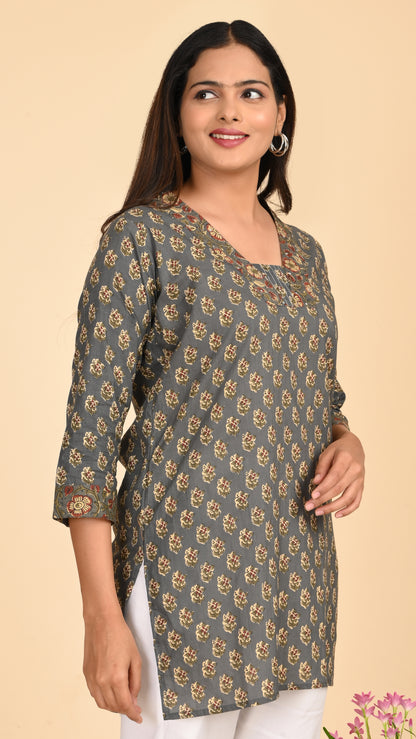 Afsana Grey Mughal Print Short Kurti Top