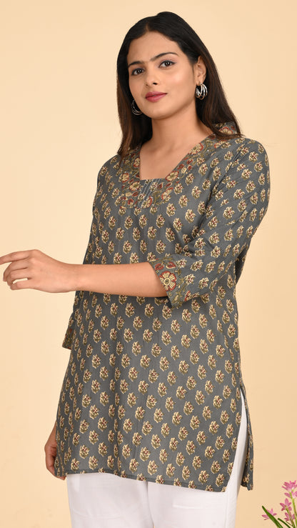 Afsana Grey Mughal Print Short Kurti Top