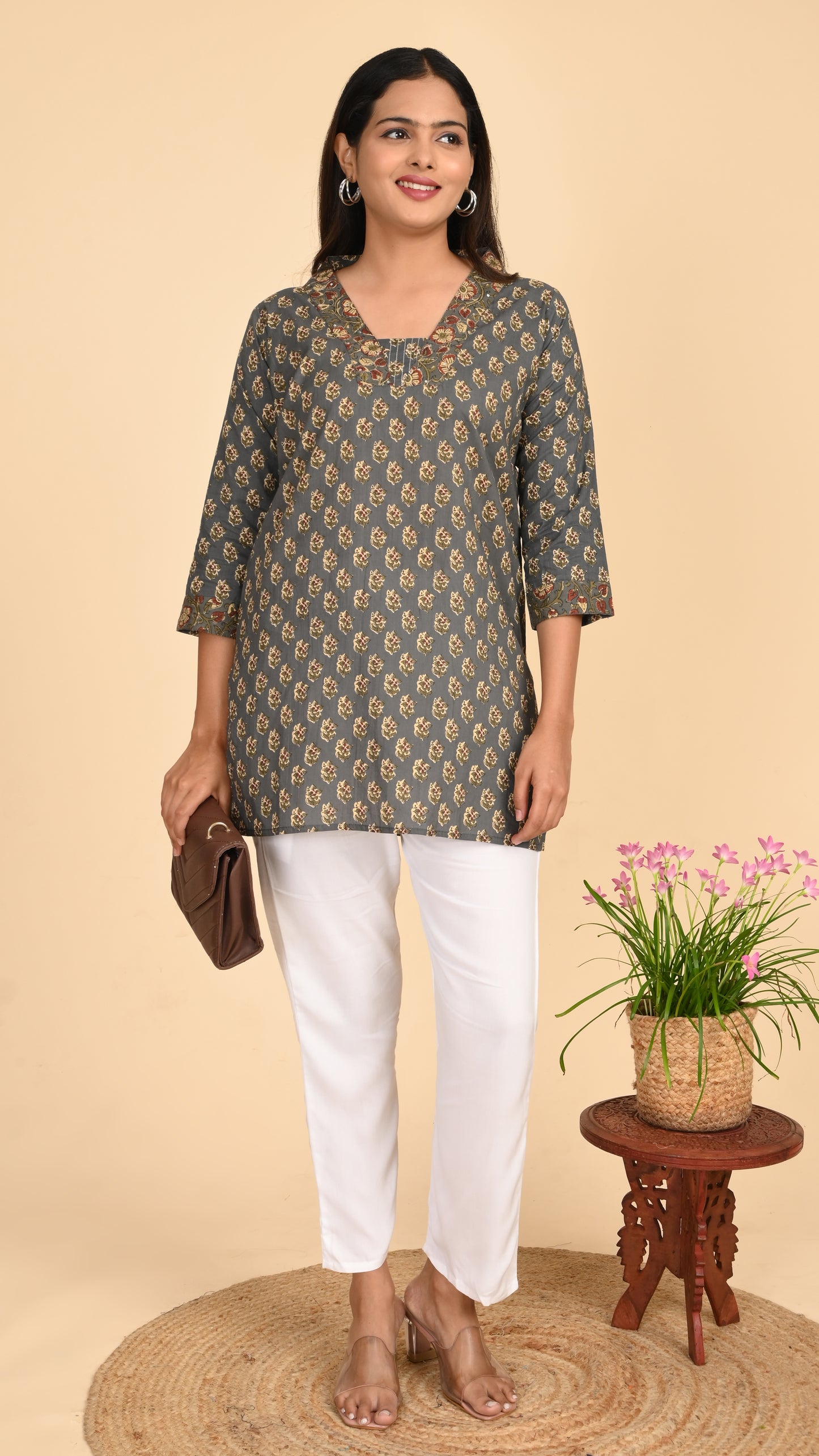 Afsana Grey Mughal Print Short Kurti Top