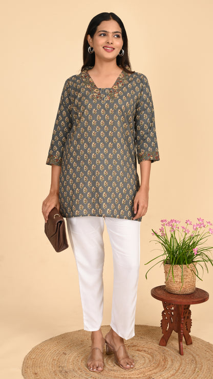 Afsana Grey Mughal Print Short Kurti Top