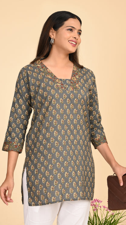 Afsana Grey Mughal Print Short Kurti Top