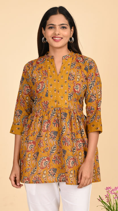 Zariya Mustard Floral Short Kurti Top