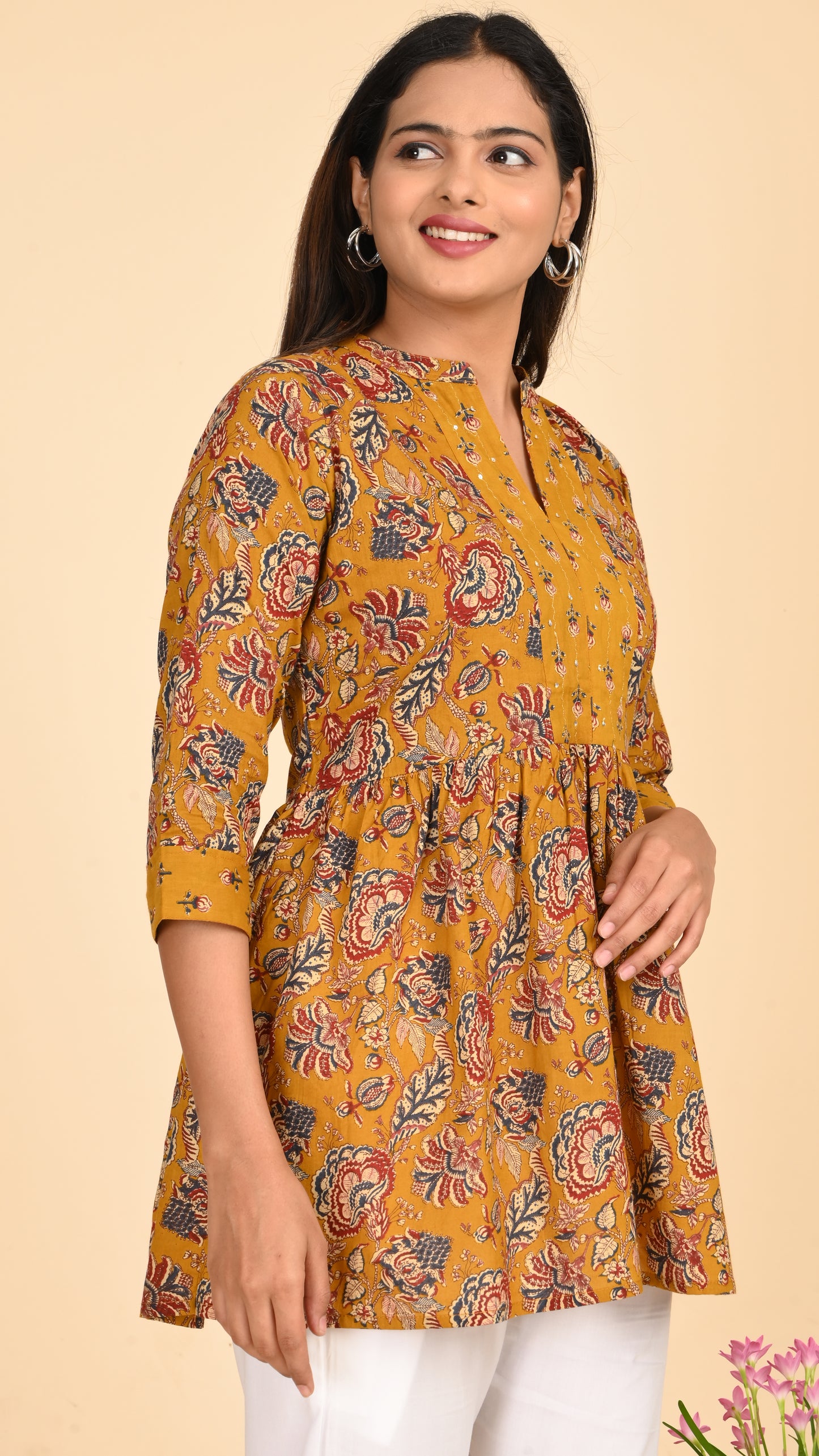 Zariya Mustard Floral Short Kurti Top