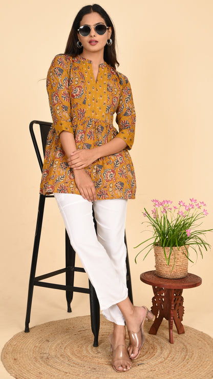 Zariya Mustard Floral Short Kurti Top