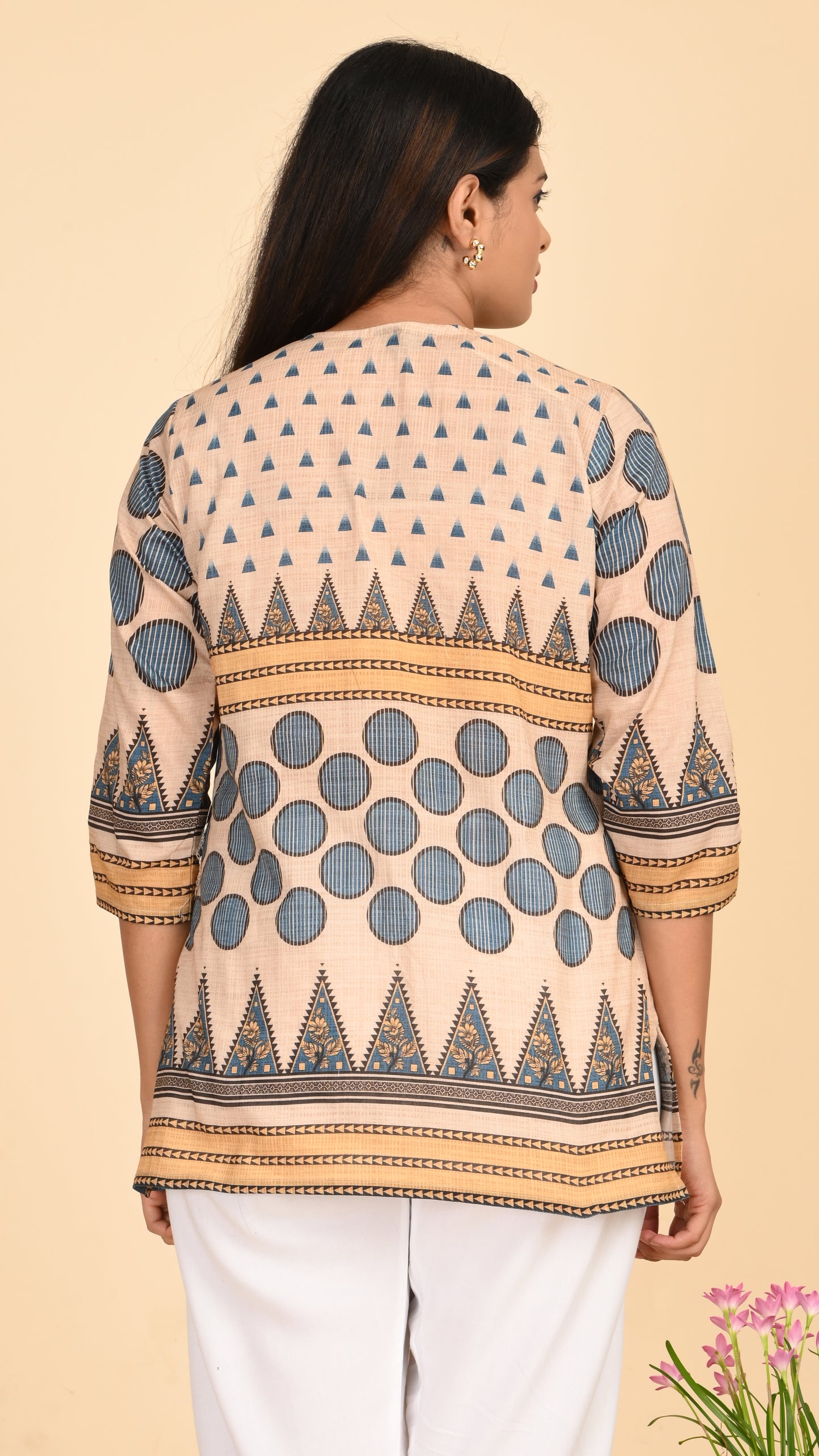 Nayaab Beige GeoPrint Short Kurti Top