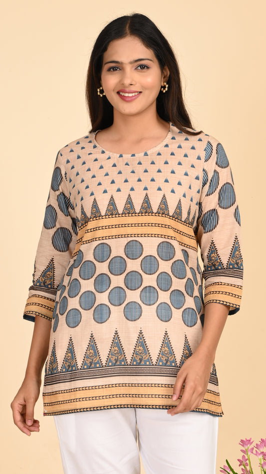 Nayaab Beige GeoPrint Short Kurti Top