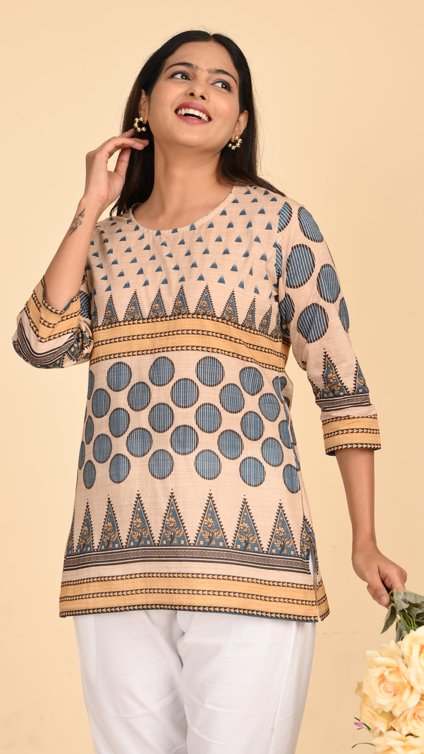 Nayaab Beige GeoPrint Short Kurti Top