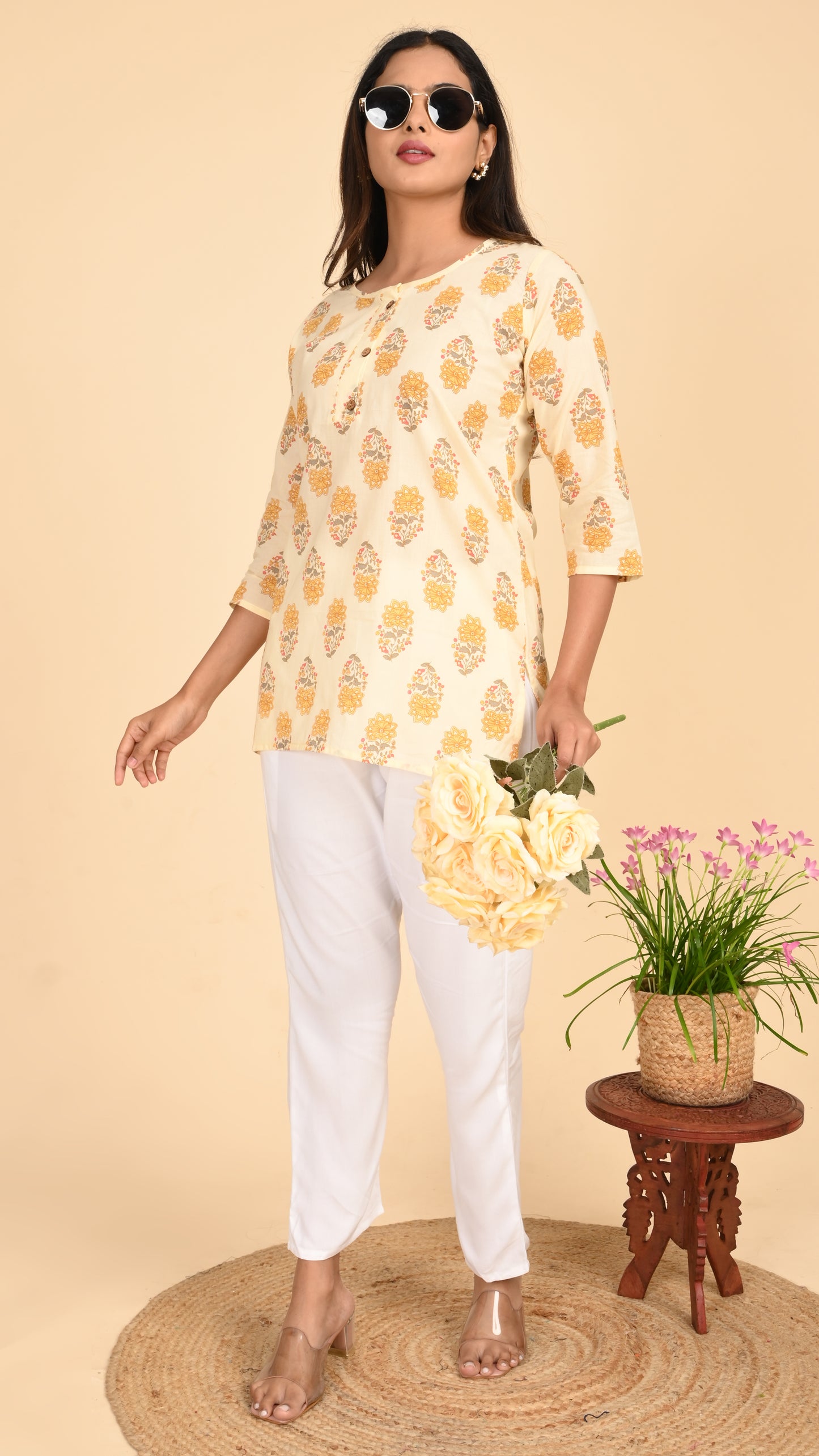 Aabroo Buttermilk Bloom Short Kurti Top