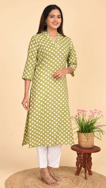 Aira Olive Polka Straight Kurti