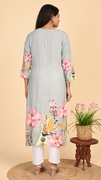 Mrinal Grey Lotus Straight Kurti