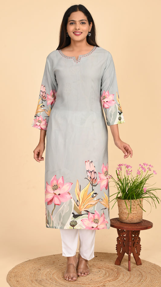 Mrinal Grey Lotus Straight Kurti