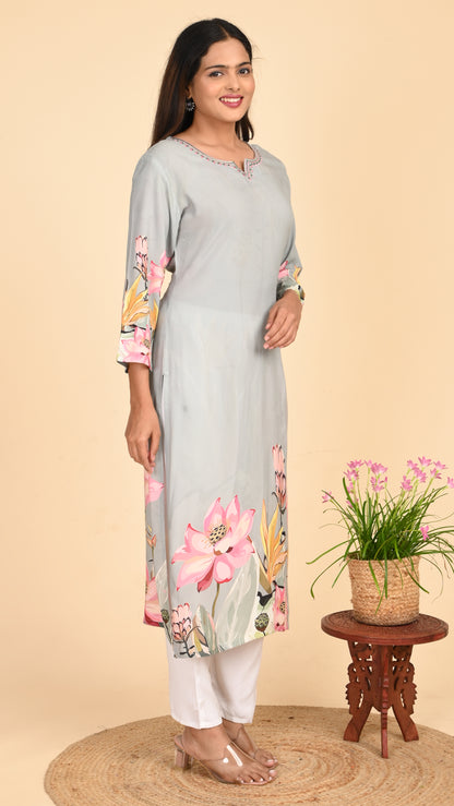 Mrinal Grey Lotus Straight Kurti