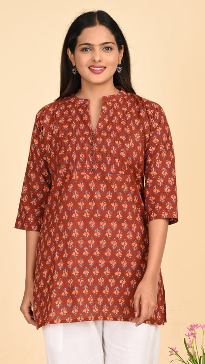 Meher Rust Petal Print Short Kurti Top
