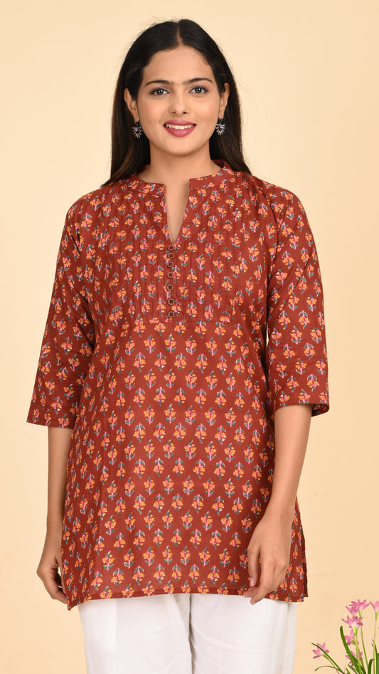 Meher Rust Petal Print Short Kurti Top