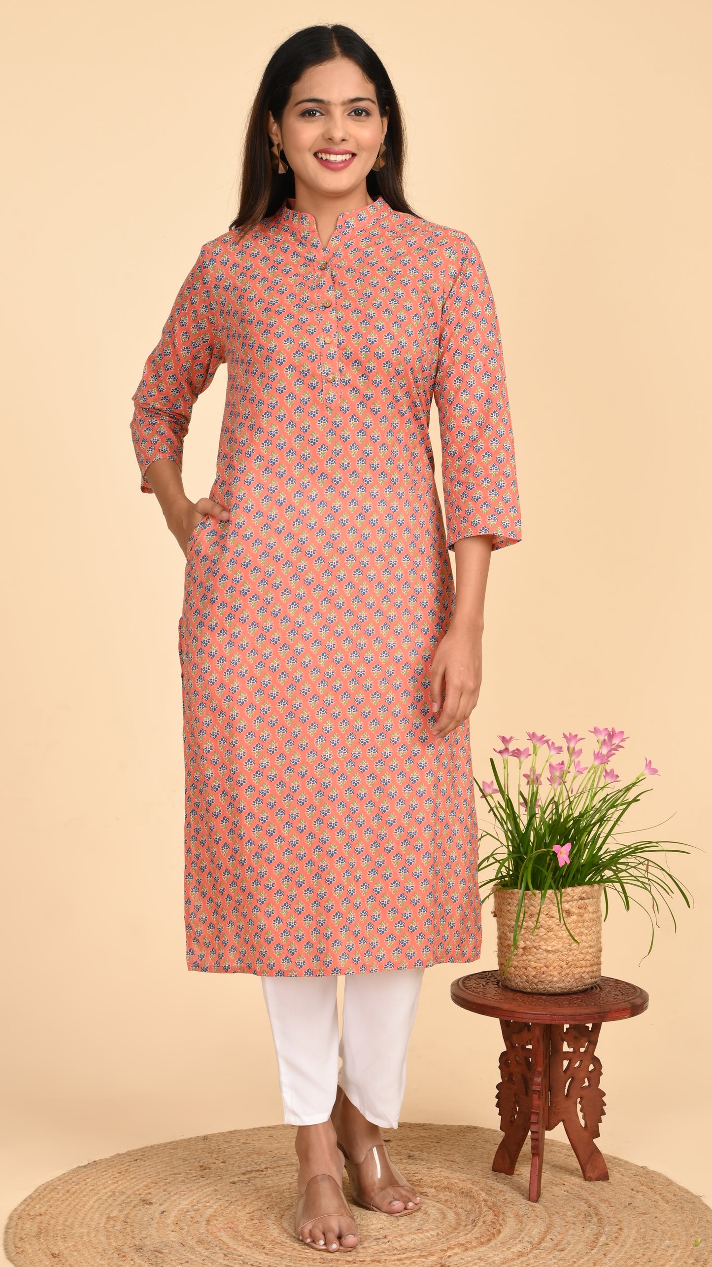 Kavya Peach Buti Straight Kurti