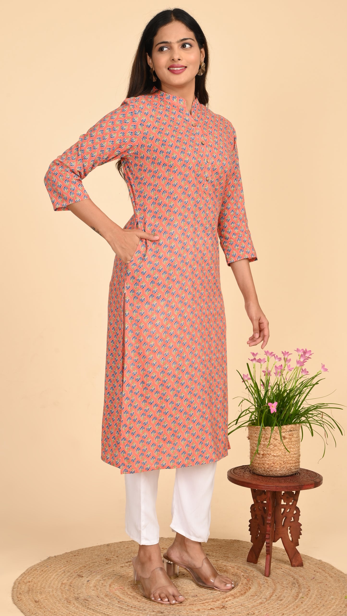 Kavya Peach Buti Straight Kurti