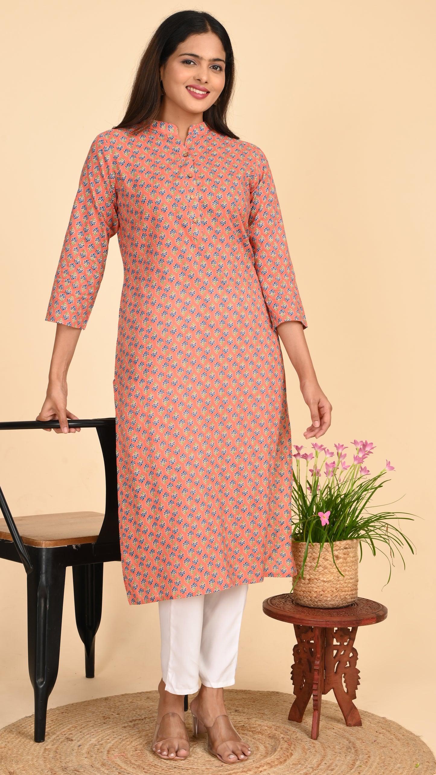 Kavya Peach Buti Straight Kurti