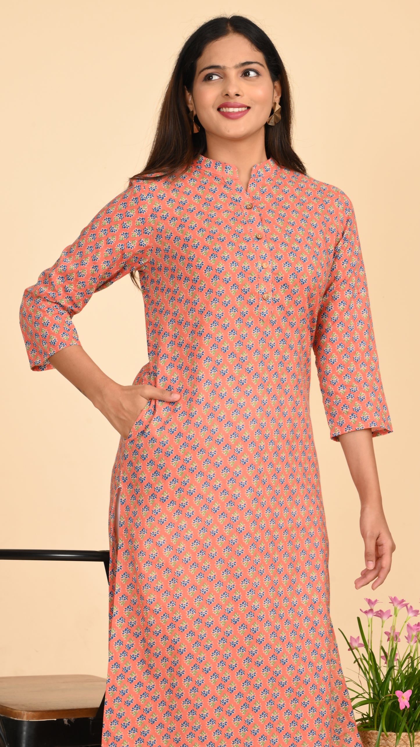 Kavya Peach Buti Straight Kurti