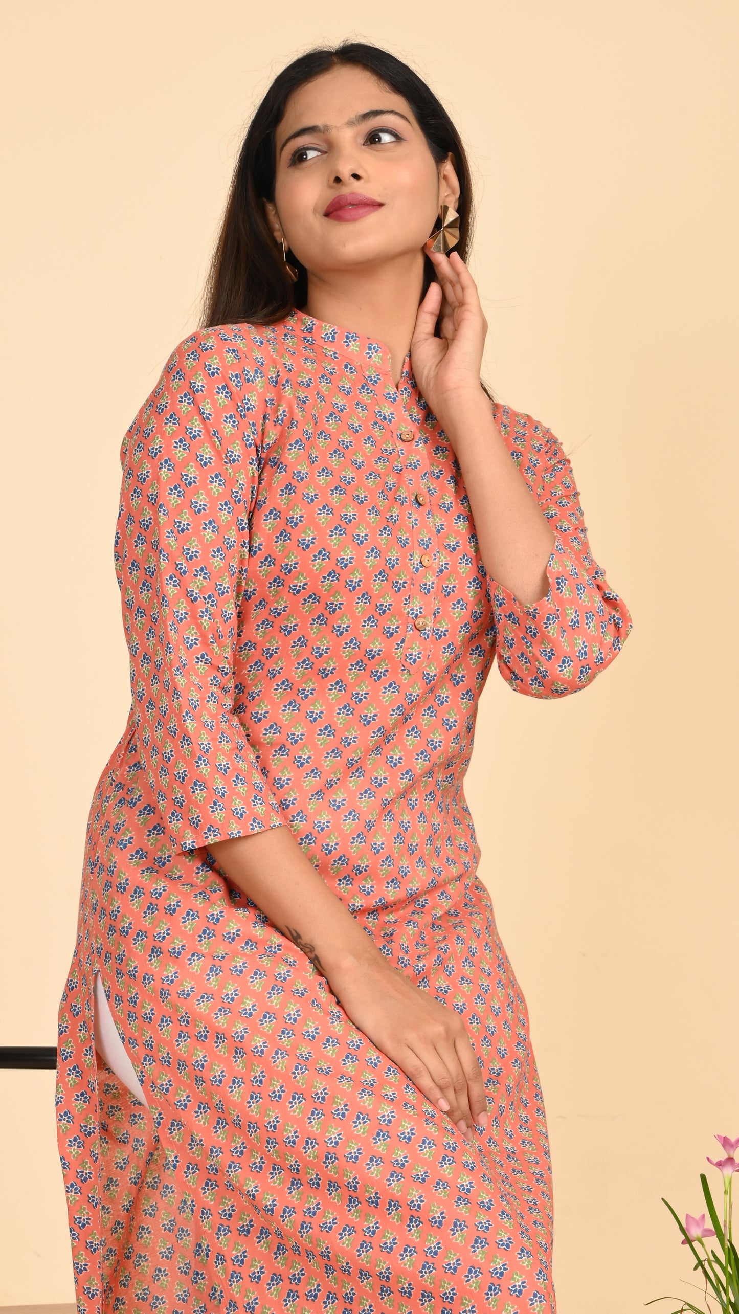 Kavya Peach Buti Straight Kurti
