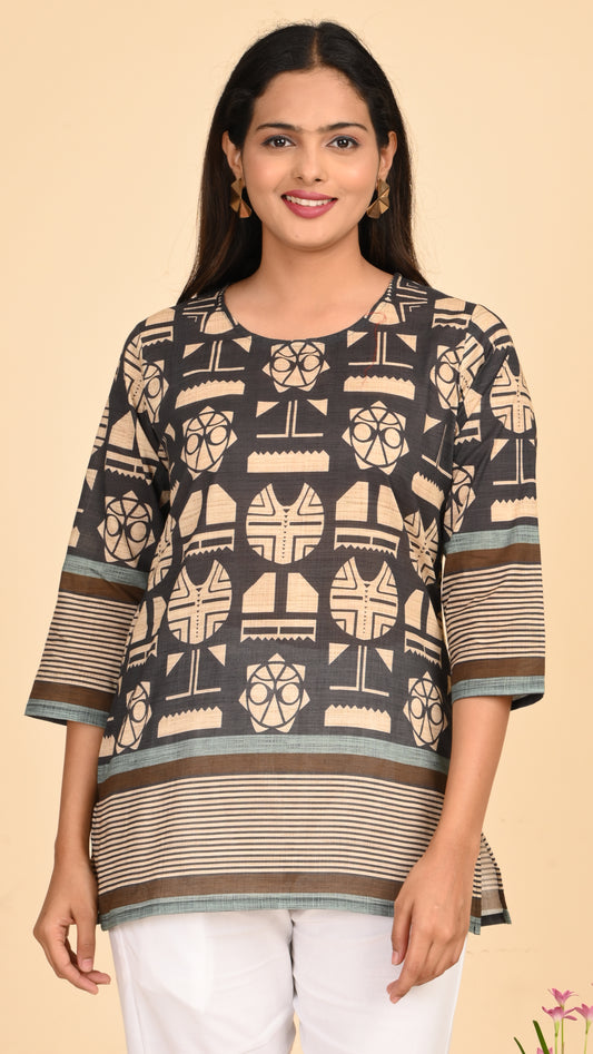 Kaveri Tribal Charcoal Short Kurti Top
