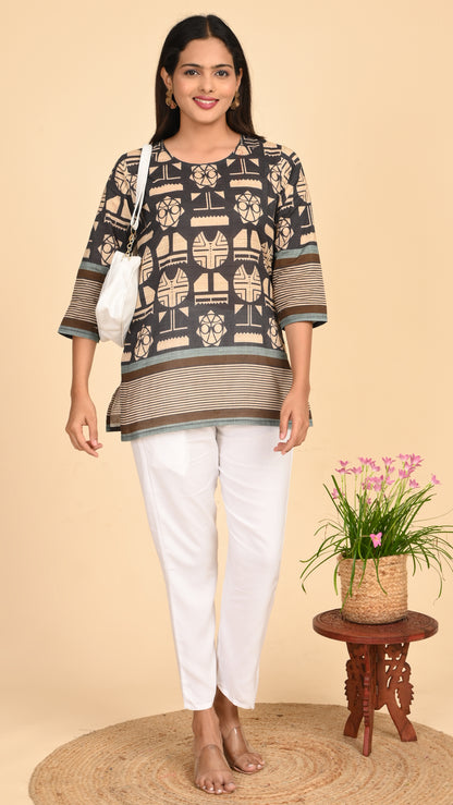Kaveri Tribal Charcoal Short Kurti Top