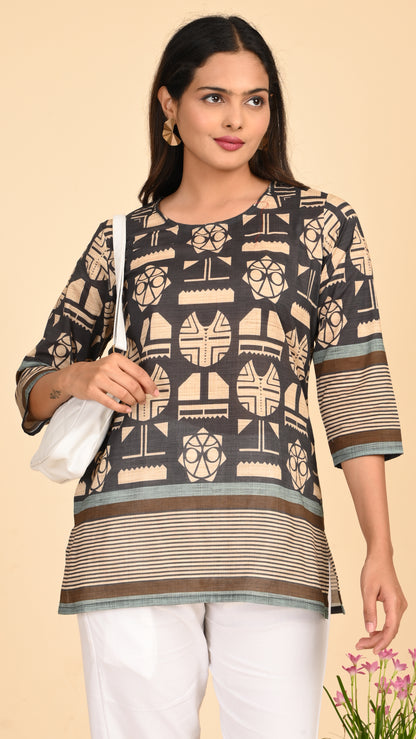 Kaveri Tribal Charcoal Short Kurti Top