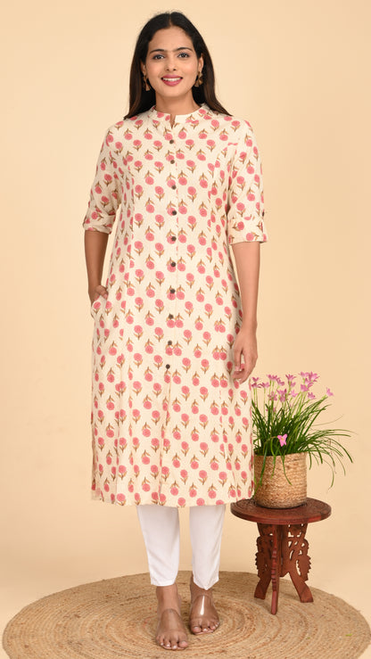 Kashika Cream Floral Button-Down Kurti